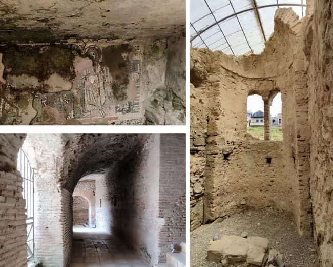 Collage de fotos del interior del anfiteatro: pasillos, capilla y mosaicos
